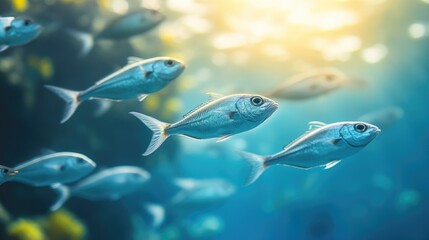 A dynamic image of a school of fish swimming in formation against a backdrop of clear blue water, perfect for marine-themed designs with space for messaging.