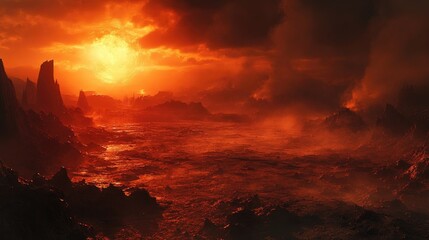 Fototapeta premium A dystopian view of a harsh, barren planet used as a prison, with dramatic lighting and rocky terrain. Plenty of room for text.