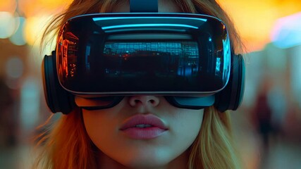 woan wearing VR Virtual Reality glasses headset with neon light glowing background, futuristic lifestyle and technology theme