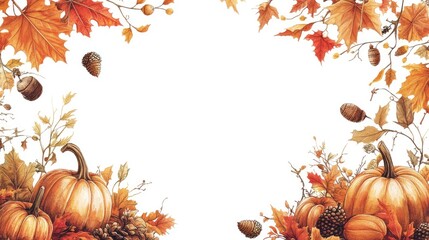 A fall-themed border featuring a mix of colorful autumn leaves, acorns, and pumpkins, ideal for seasonal invitations or designs with ample copy space.