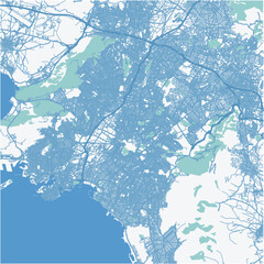 Map of Athens in Greece in blue. Contains layered vector with roads water, parks, etc.