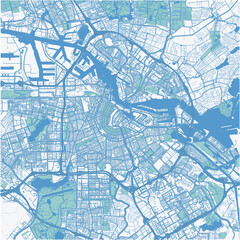 Map of Amsterdam in Netherlands in blue. Contains layered vector with roads water, parks, etc.