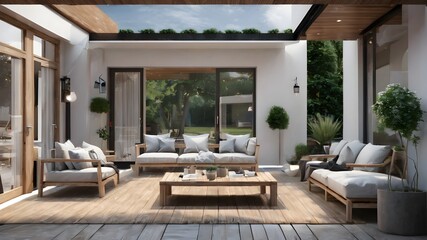 Fototapeta premium Outdoor terrace with two couches, armchair and table