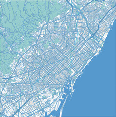 Image of Map of Barcelona in Spain in blue. Contains layered vector with roads water, parks, etc. printed on Printed Glass Splashbacks