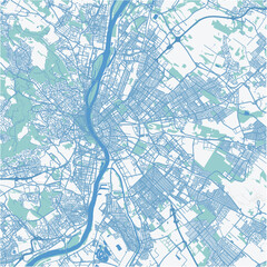 Map of Budapest in Hungary in blue. Contains layered vector with roads water, parks, etc.