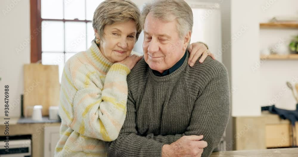 Poster Senior, couple and face in kitchen happy smile for home connection, retirement love and hug embrace. Old woman, elderly man and portrait for relax pensioner life or marriage, gratitude or bonding