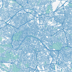 Map of Paris in France in blue. Contains layered vector with roads water, parks, etc.