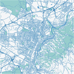 Map of Turin in Italy in blue. Contains layered vector with roads water, parks, etc.
