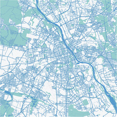 Map of Warsaw in Poland in blue. Contains layered vector with roads water, parks, etc.