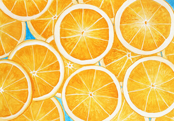 Vibrant orange slices on blue background illustration