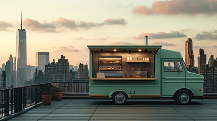 A blank food truck template on a rooftop with a cityscape background, perfect for adding branding elements.