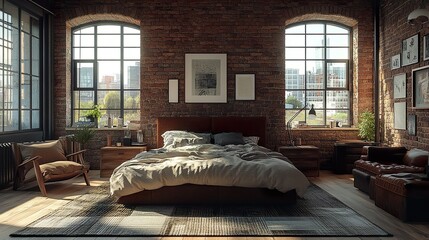 Cozy Loft Bedroom with Industrial Brick Walls and Metal Accents Picture