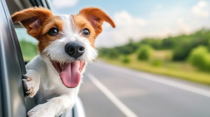 A joyful dog with its head out of a car window, ears flapping in the wind, capturing the essence of happiness, freedom, and the simple joys of life during a road trip.