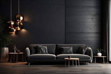 Modern dark home interior background, wall mock up, 3d render