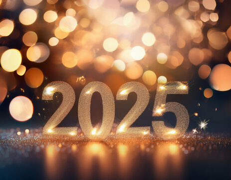Happy New Year 2025 background with bokeh lights and golden numbers