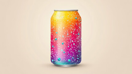 A colorful vector of a soda can with bubbles, set against a light background with plenty of room for copy.
