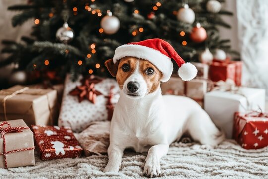 Santa hat wearing dog sitting by the christmas tree surrounded by presents.