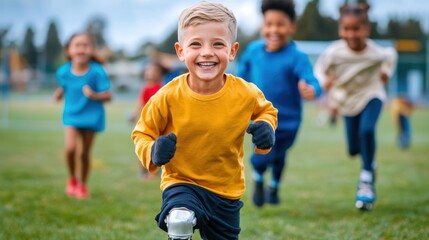 Obraz premium A cheerful boy wearing a yellow shirt runs towards the camera, with a big smile on his face, while other children chase him, capturing the joy and carefree spirit of childhood.