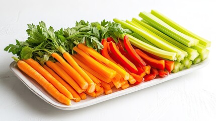 A fresh vegetable platter with carrots, celery, and bell peppers on a white background, with space for promotional content.