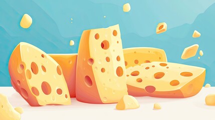 A fun vector of cheese with various textures and styles, on a simple background with ample copy space.