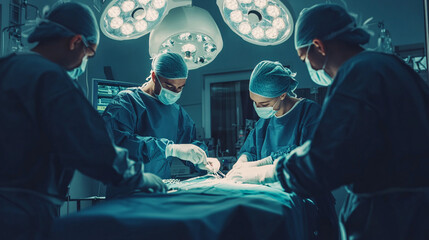 Medical Team Performing Surgical Operation in Modern Operating Room. Medical professionals working together in a hospital setting, including a doctor, nurse, and patient.