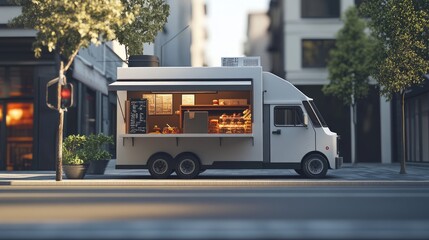Fototapeta premium A modern food truck on a quiet street corner with lots of negative space for design. Subtle urban elements in the background.
