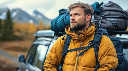A hiker with a large backpack stands in a reflective pose, looking out over a scenic mountainous landscape, dressed warmly for the outdoor adventure, embodying determination and exploration.