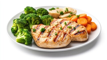 A plate of grilled chicken with steamed broccoli and carrots on a white background, with space for promotional content.
