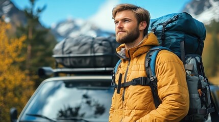 A hiker stands with multiple backpacks outdoors, surmounted by a scenic view of the mountains behind them. Dressed in warm gear, they are ready for an adventurous camping trip.