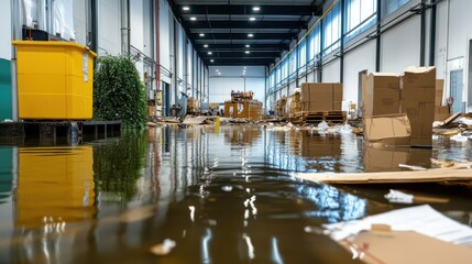 Fototapeta na wymiar This image shows an industrial warehouse severely affected by flooding, with various boxes and pallets floating in the accumulated water, emphasizing the catastrophic effects of natural disasters.