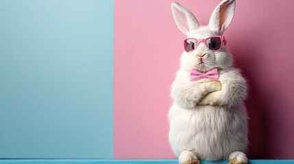 A humorous and stylish photograph of a white rabbit wearing pink sunglasses and a matching bow tie, standing against a pastel background with crossed arms and an amusing expression. © Pinklife