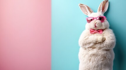 An endearing photo of a cute white rabbit wearing pink glasses and a matching bow tie, confidently posing against a two-toned pastel background, showcasing its charming personality.