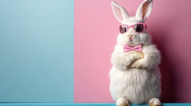 A humorous and stylish photograph of a white rabbit wearing pink sunglasses and a matching bow tie, standing against a pastel background with crossed arms and an amusing expression.