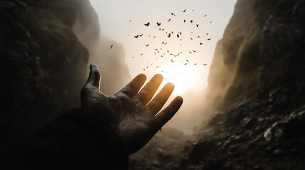 Reaching for Hope's Flight: A solitary hand stretches toward a flock of birds taking flight in a sunlit canyon, symbolizing hope, freedom, and the pursuit of dreams amidst challenges. 