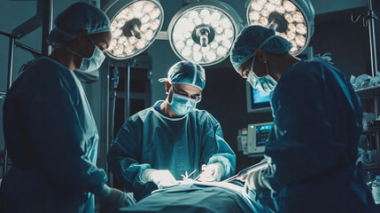 Medical Team Performing Surgical Operation in Modern Operating Room. Medical professionals working together in a hospital setting, including a doctor, nurse, and patient.