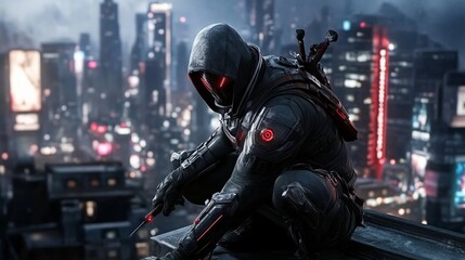 The assassin's figure crouches on the roof of a building, overlooking the bustling cyberpunk city at night.