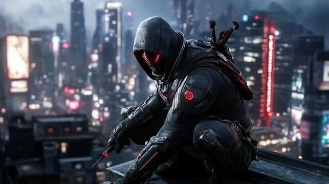 The assassin's figure crouches on the roof of a building, overlooking the bustling cyberpunk city at night.