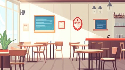 A vector illustration of a cozy seafood restaurant interior with tables and chairs, set against a clean background with ample space for text.