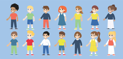 Vector illustration of various children with different skin colors and clothes
