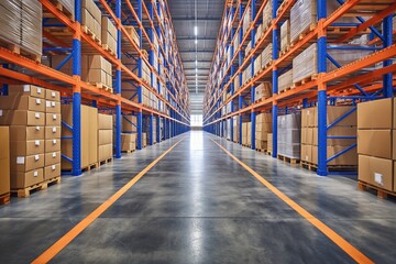 Large modern distribution warehouse aisle containing products ready for shipping