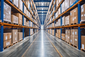 Fototapeta premium Large distribution warehouse aisle organizing packages for shipment