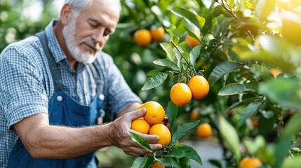 The farmer closely inspects ripe oranges in his well-maintained orchard, showcasing the diligence and care put into growing quality produce in a lush, green environment.
