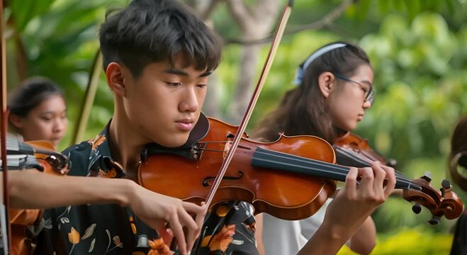 Young Violinist Playing a Blue Violin in a Blurred Green Background