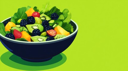 A vibrant salad bowl with fresh greens, fruits, and nuts, with plenty of space for text on the side.