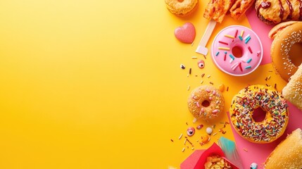 Bold and colorful fast food background with ample copy space, showcasing a selection of fast food treats.