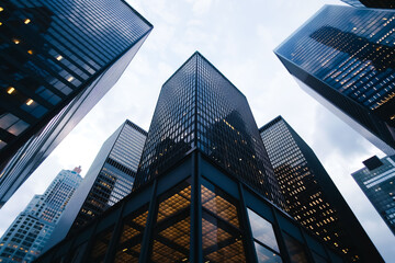 Fototapeta premium Reflective skyscraper office buildings seen from the bottom up in a modern city. The urban landscape features tall, mirrored structures against a clear sky, emphasizing the height and sleek design