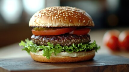 Classic burger with ample copy space, featuring layers of lettuce, tomato, and a savory beef patty.