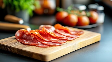 Sliced cured meat artfully arranged on a wooden cutting board in a kitchen setting, with ingredients in the background, evoking a sense of culinary craftsmanship and quality.
