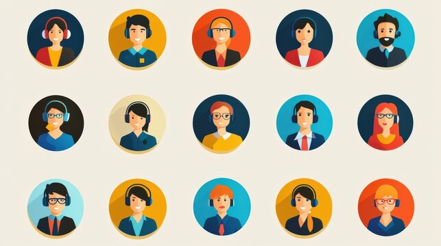 Collection of customer service icons, including headset-wearing representatives.