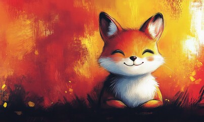 A cheerful fox character sits happily against a vibrant, fiery background in a whimsical illustration